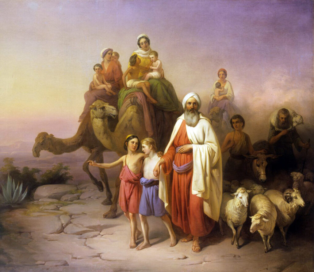 El autor de los libros de Moisés (el Pentateuco). Oleo sobre lienzo del viaje de Abraham de Ur a Canaán, Pintura de Jozsef Molnar. Dominio público.