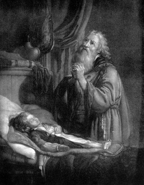 Una de las curaciones bíblicas por excelencia: Elias curando al hijo de la viuda, Grabado.