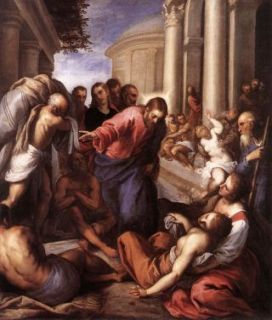 Curaciones del libro de Juan: Óleo de Cristo curando al paralítico en Bethesda, de Palma il Giovane, 1592. Wikipedia, public domain.